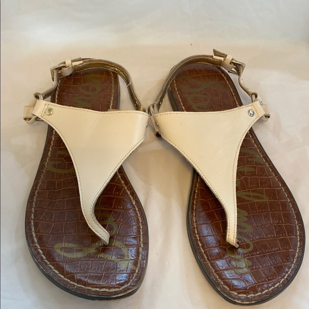 Sam Edelman Cream and Brown T-Bar Sandals